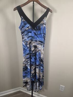Jostar Women’s L Blue Black Abstract Print Sleeveless V-Neck Hi-Low Maxi Dress